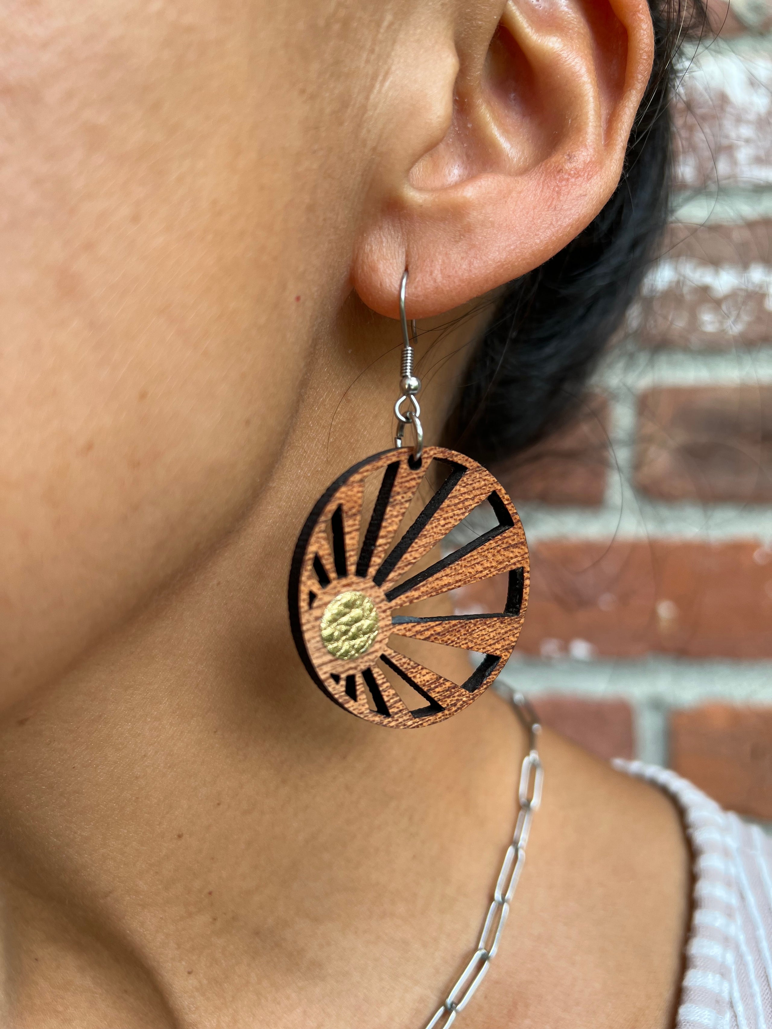 Sun Flower Wood Earrings with Accent Color
